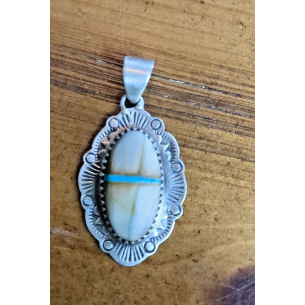 Sterling Silver Southwest Navajo Style White Buffalo Turquoise Pendant 925 -1.5 - Picture 5 of 13